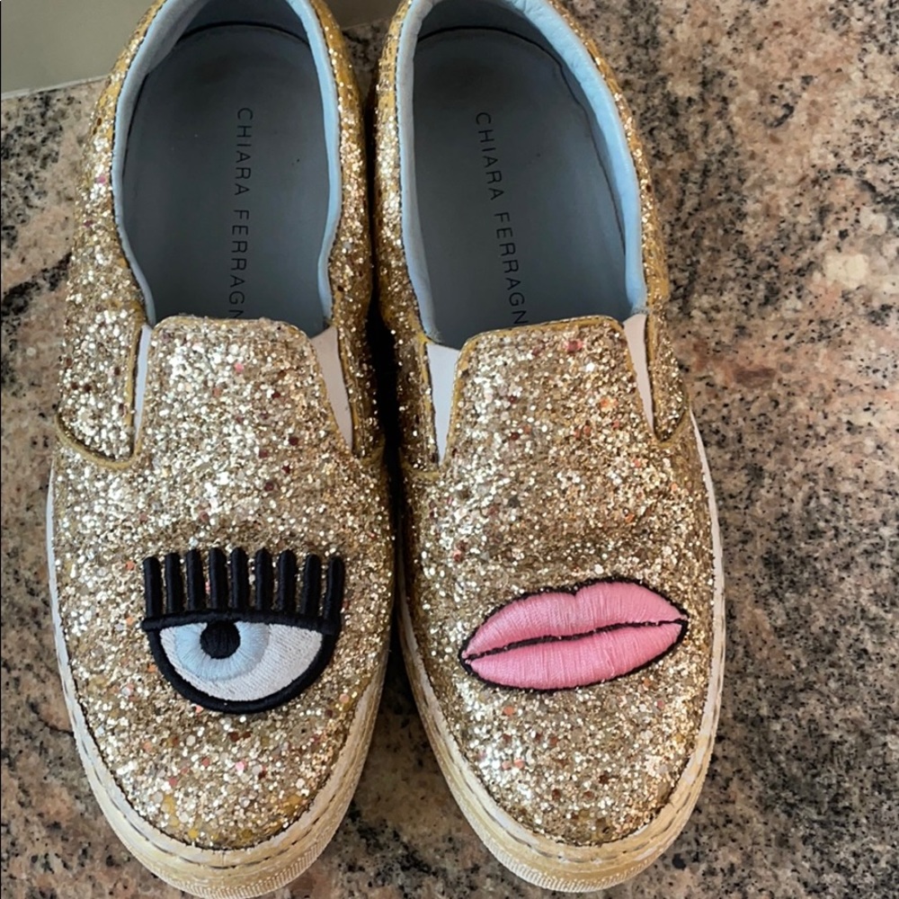 Chiara Ferragni Gold Glitter Eye Lips Shoes